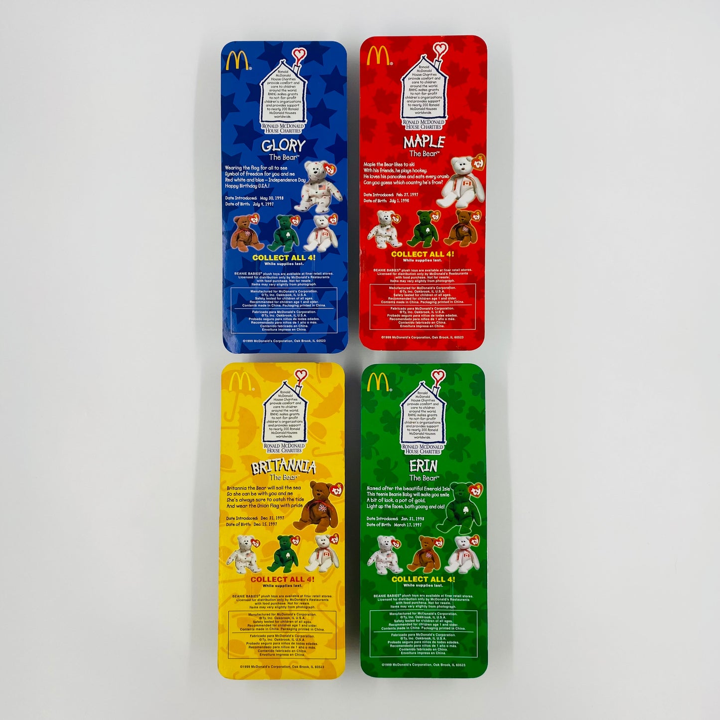 Teenie Beanie Babies complete set of 4 International Bears McDonald's Happy Meal bean bag plush toy animals (1999) carded