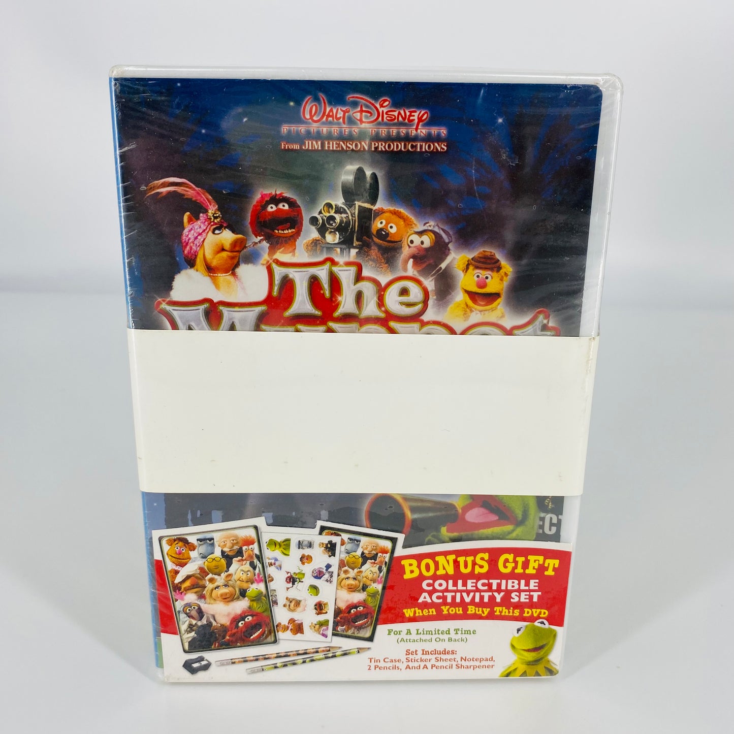 The Muppet Movie, Muppet Treasure Island & The Muppet Show Seasons 1-3 DVD's, 2 activity sets, 2 tin cases, 1 sticker sheet, 1 notepad, 2 pencils, and 1 pencil sharpener