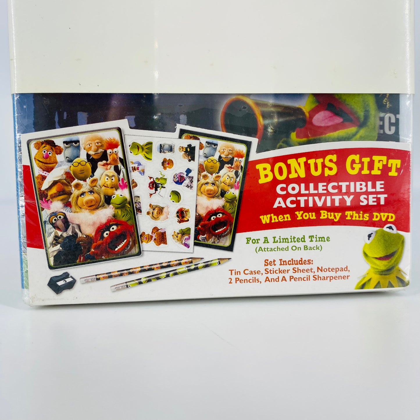 The Muppet Movie, Muppet Treasure Island & The Muppet Show Seasons 1-3 DVD's, 2 activity sets, 2 tin cases, 1 sticker sheet, 1 notepad, 2 pencils, and 1 pencil sharpener