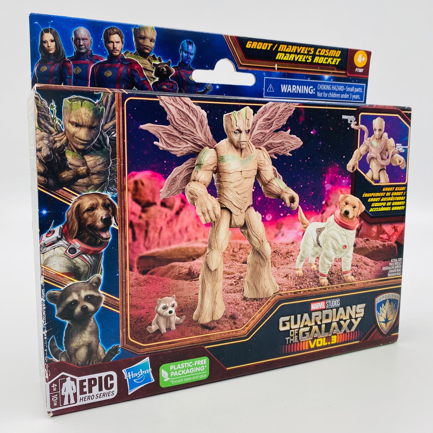 Marvel Epic Hero Series Guardians of the Galaxy Vol. 3 Groot Marvel’s Cosmo & Marvel’s Rocket boxed 4” action figure 3-pack (2023) Hasbro