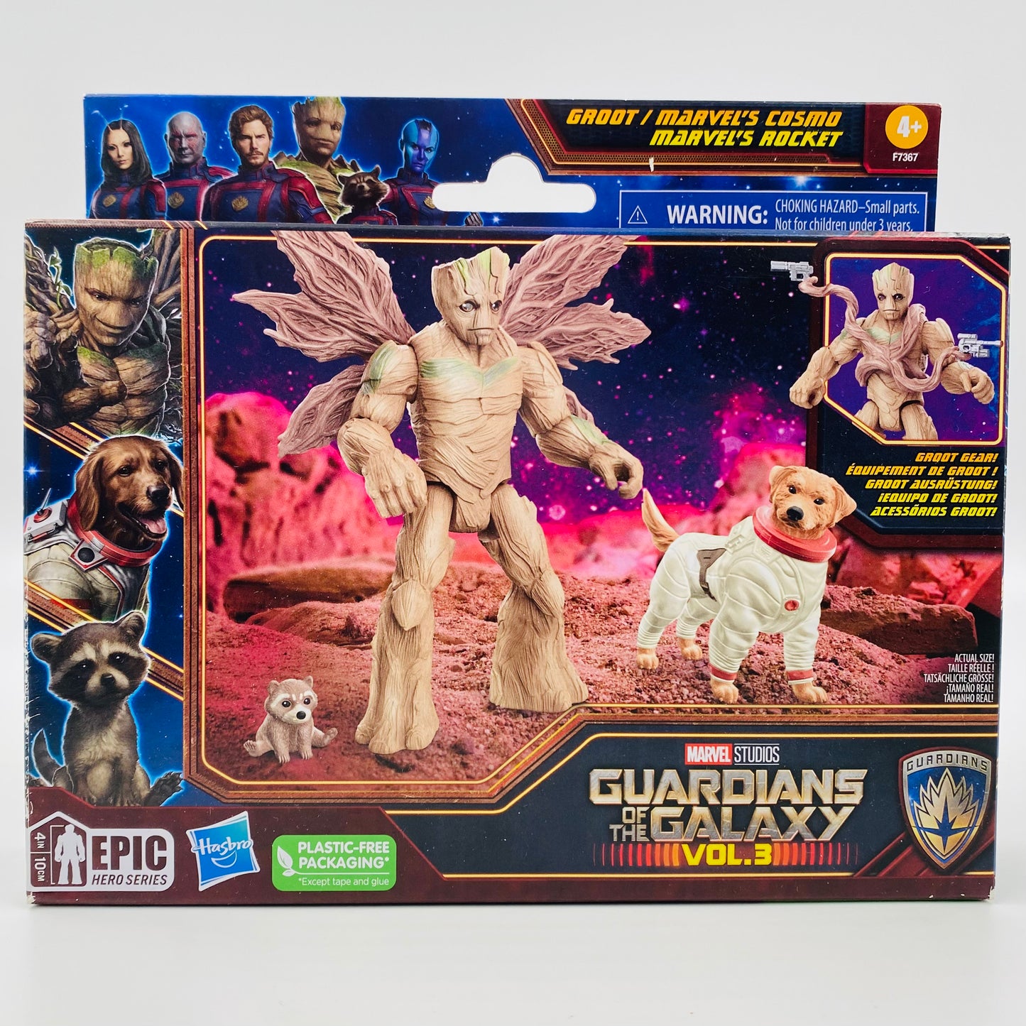 Marvel Epic Hero Series Guardians of the Galaxy Vol. 3 Groot Marvel’s Cosmo & Marvel’s Rocket boxed 4” action figure 3-pack (2023) Hasbro