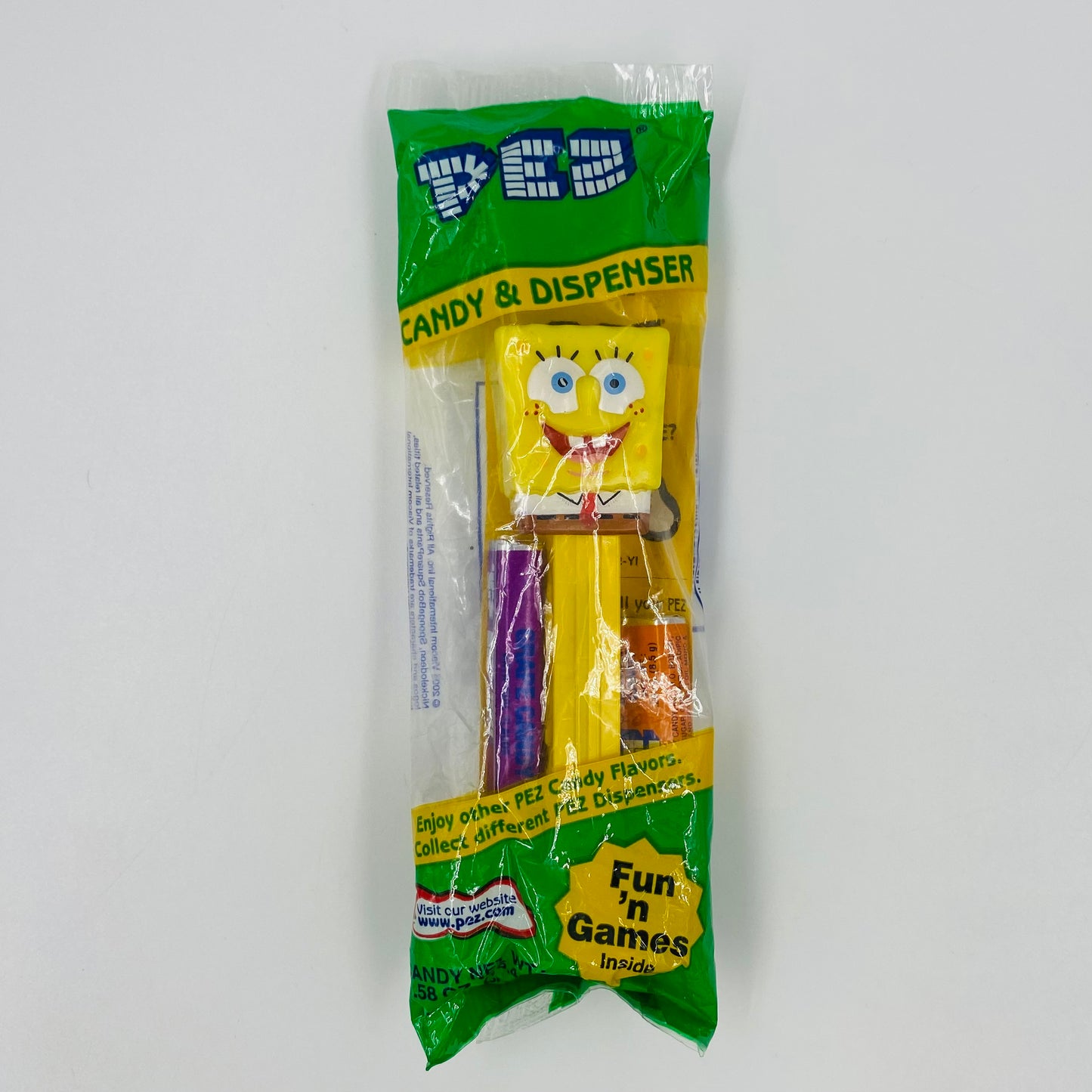 SpongeBob SquarePants yellow stem PEZ dispenser (2004) bagged 4.9 Hungary green cello
