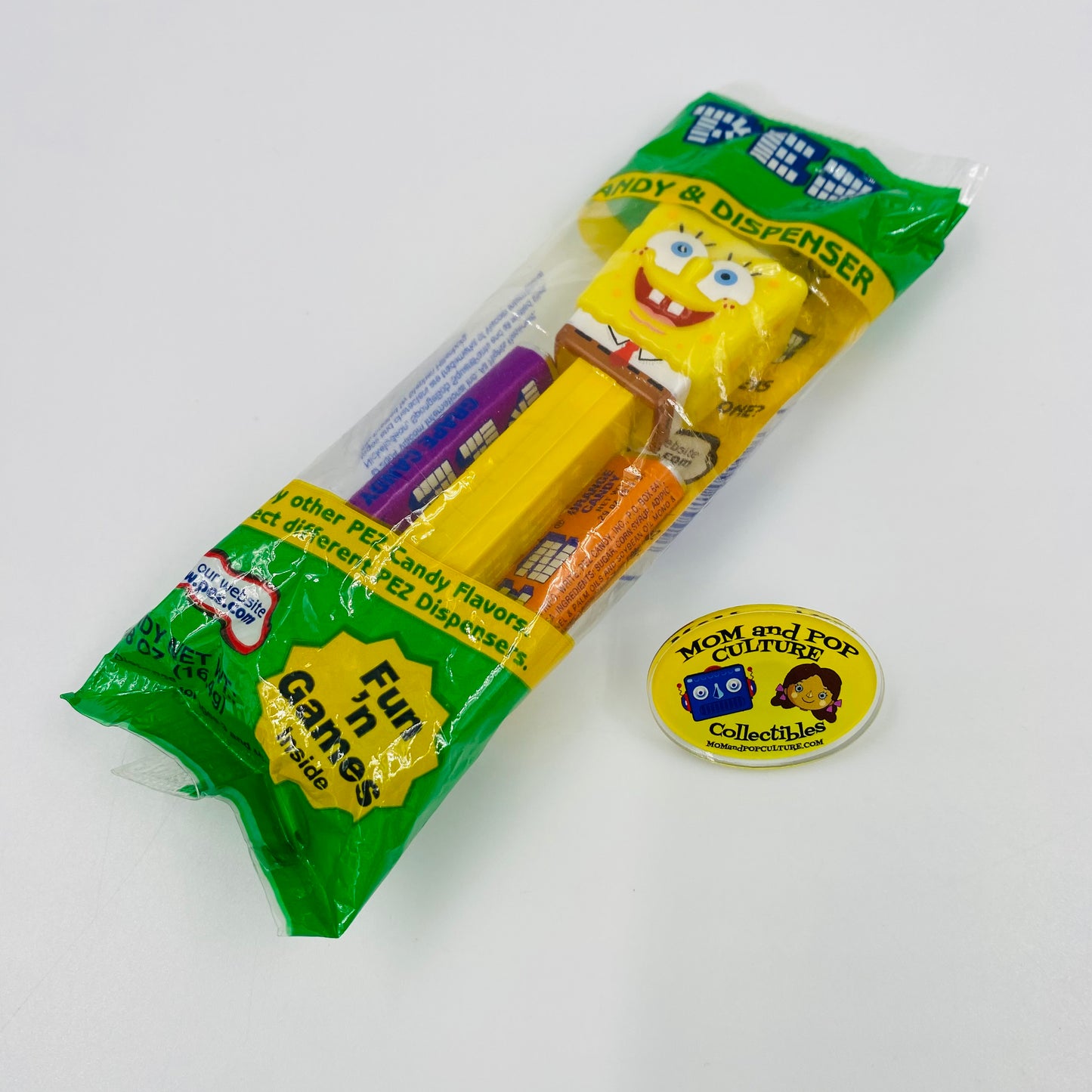 SpongeBob SquarePants yellow stem PEZ dispenser (2004) bagged 4.9 Hungary green cello