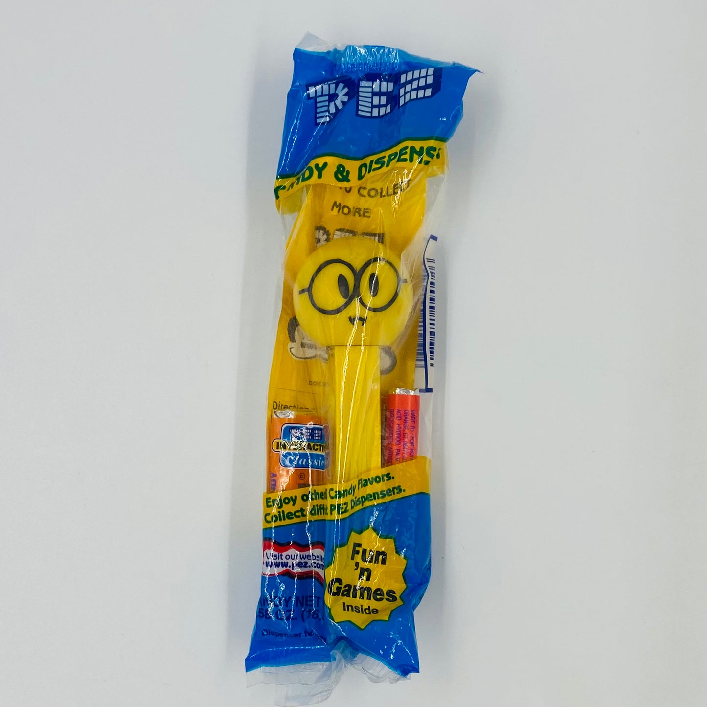 Funky Faces Nerdy Face yellow stem PEZ dispenser (2003) bagged 4.9 Hungary blue cello