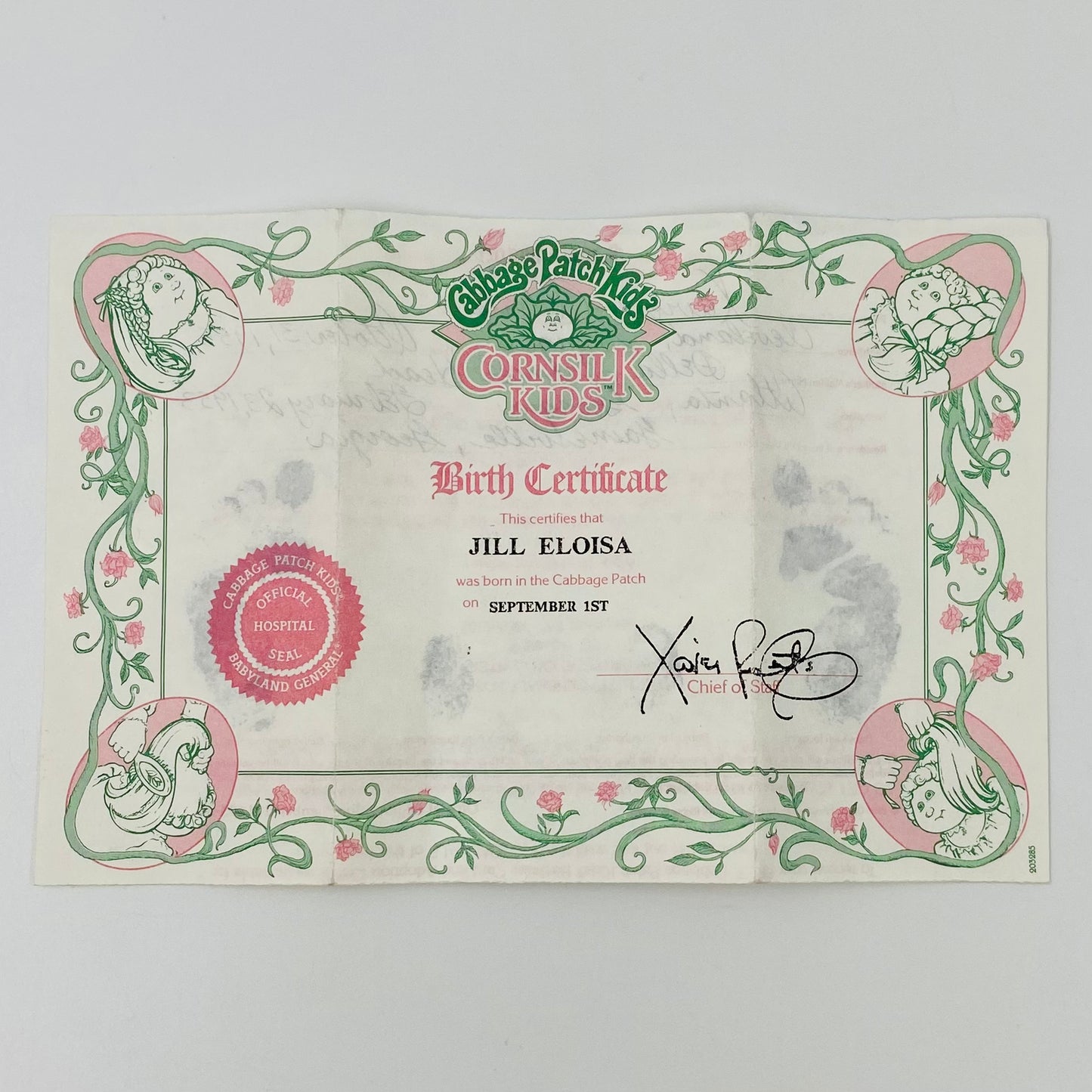 Cabbage Patch Kids Cornsilk Kids Jill Eloisa September 1st Birth Certificate & Adoption Papers Application (1986) Coleco