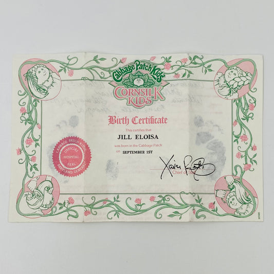 Cabbage Patch Kids Cornsilk Kids Jill Eloisa September 1st Birth Certificate & Adoption Papers Application (1986) Coleco
