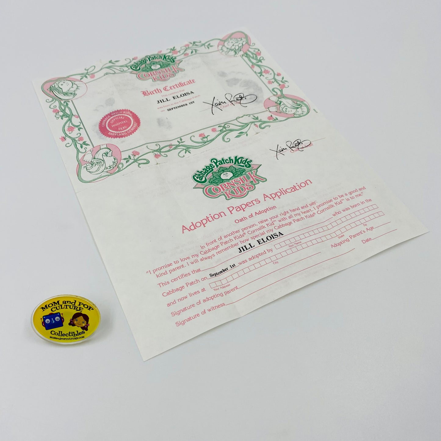Cabbage Patch Kids Cornsilk Kids Jill Eloisa September 1st Birth Certificate & Adoption Papers Application (1986) Coleco