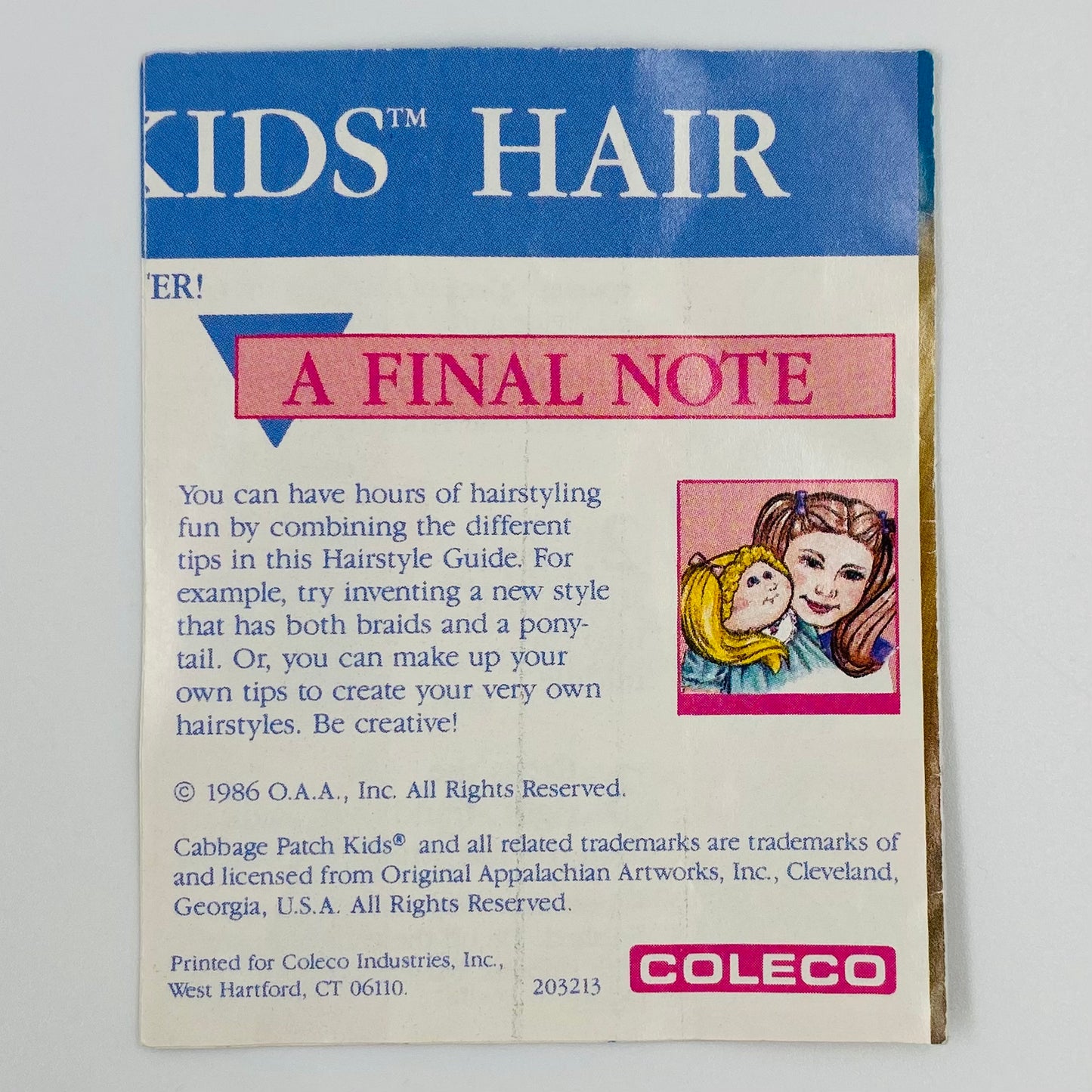 Cabbage Patch Kids Cornsilk Kids Hairstyle Guide (1986) Coleco