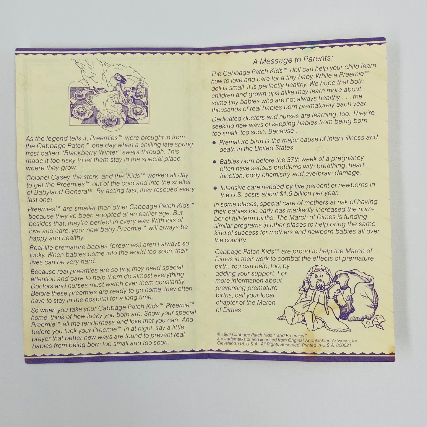 Cabbage Patch Kids What is a Preemie? information brochure (1984) Coleco & March of Dimes
