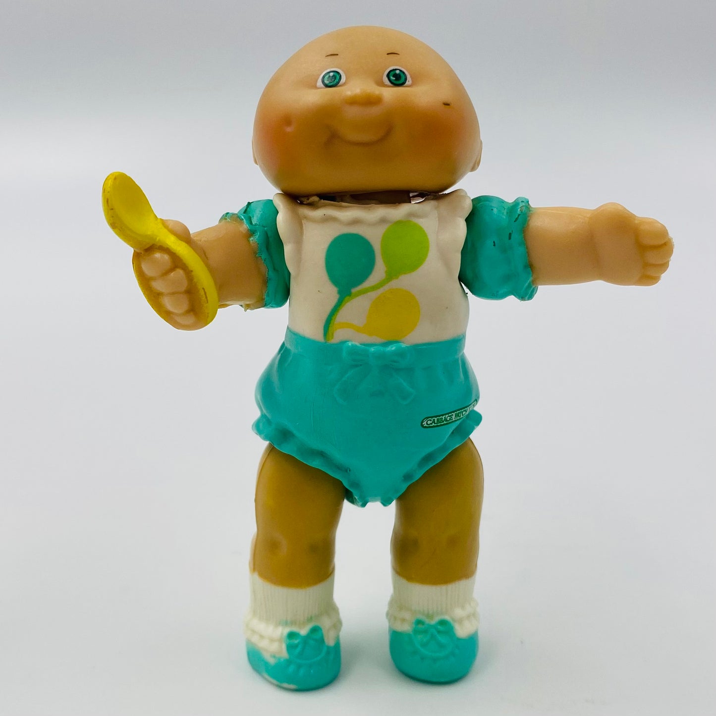 Cabbage Patch Kids turquoise onesie with balloons/yellow spoon loose 3.5” poseable figure (1984) Panosh Place