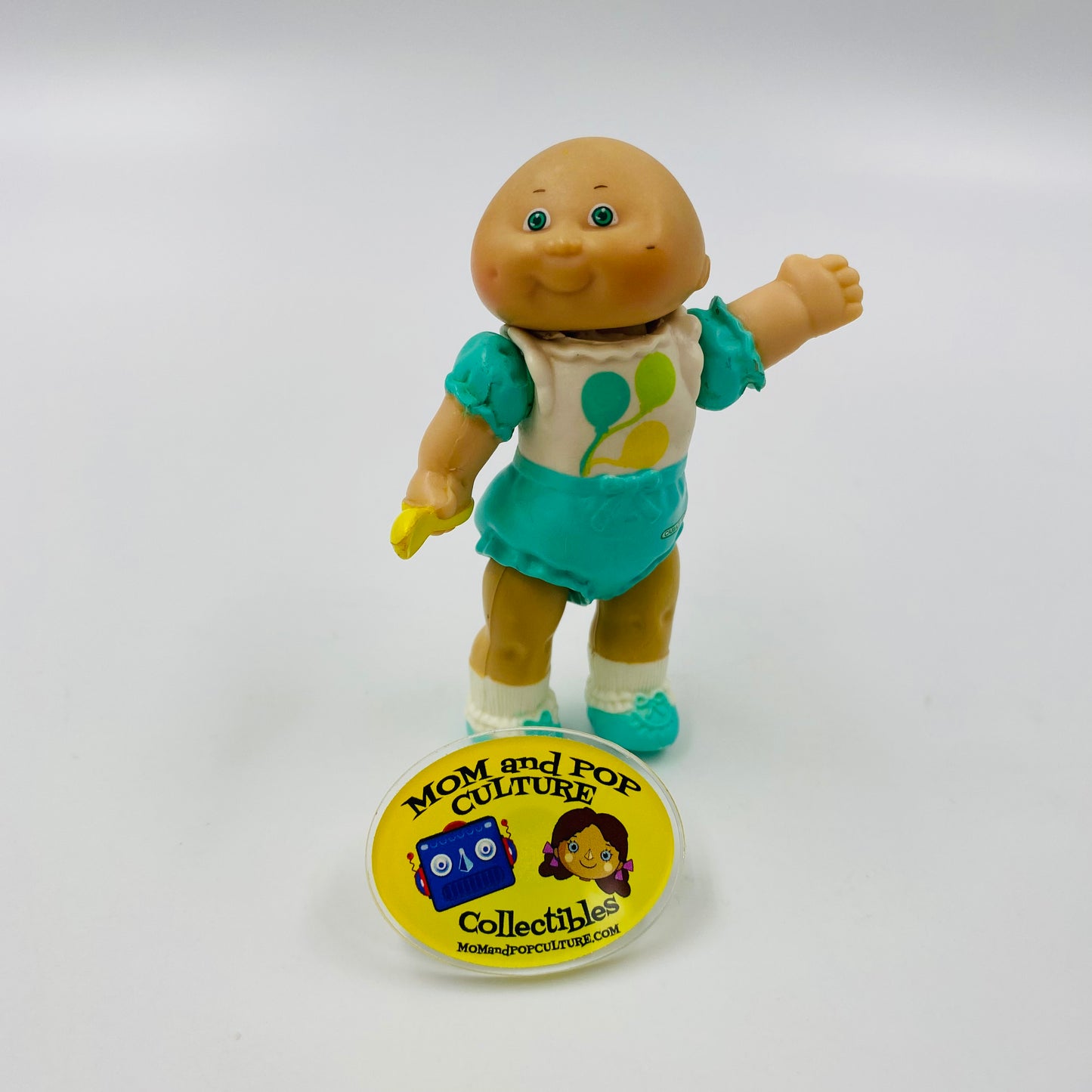 Cabbage Patch Kids turquoise onesie with balloons/yellow spoon loose 3.5” poseable figure (1984) Panosh Place