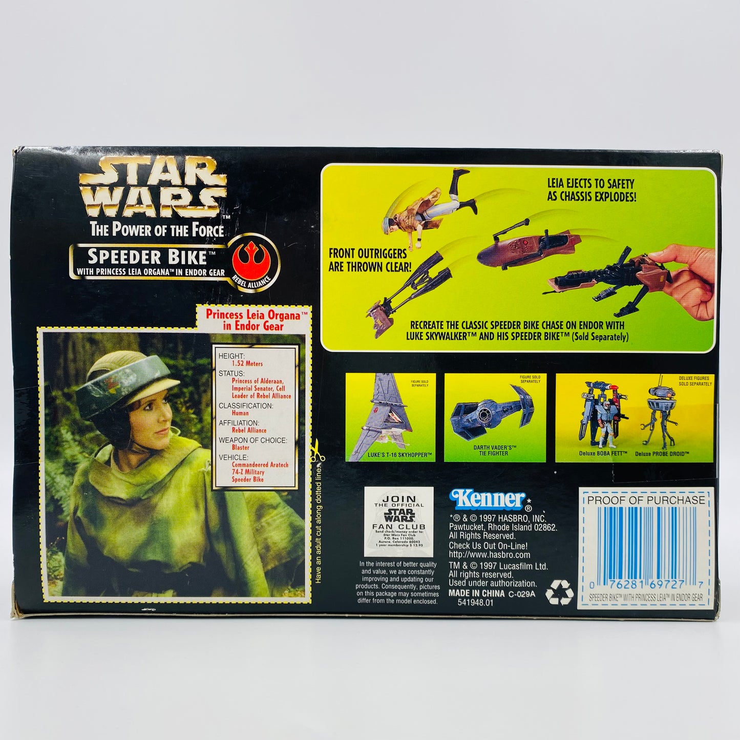 Star Wars Power of the Force II Speeder Bike with Princess Leia Organa in Endor Gear boxed 3.75” vehicle & action figure (1997) Kenner