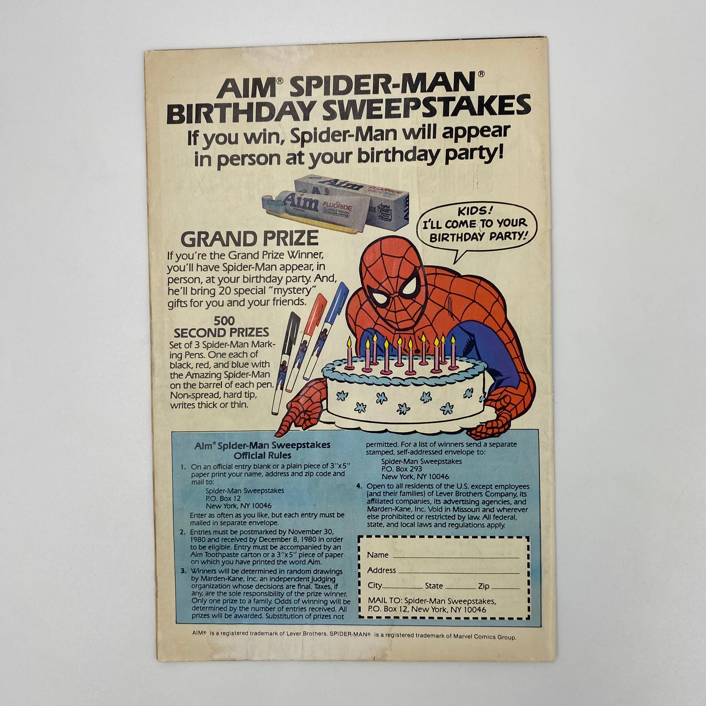 Exclusive Collectors Edition Spider-Man (1980) Marvel & Aim Toothpaste (GD)