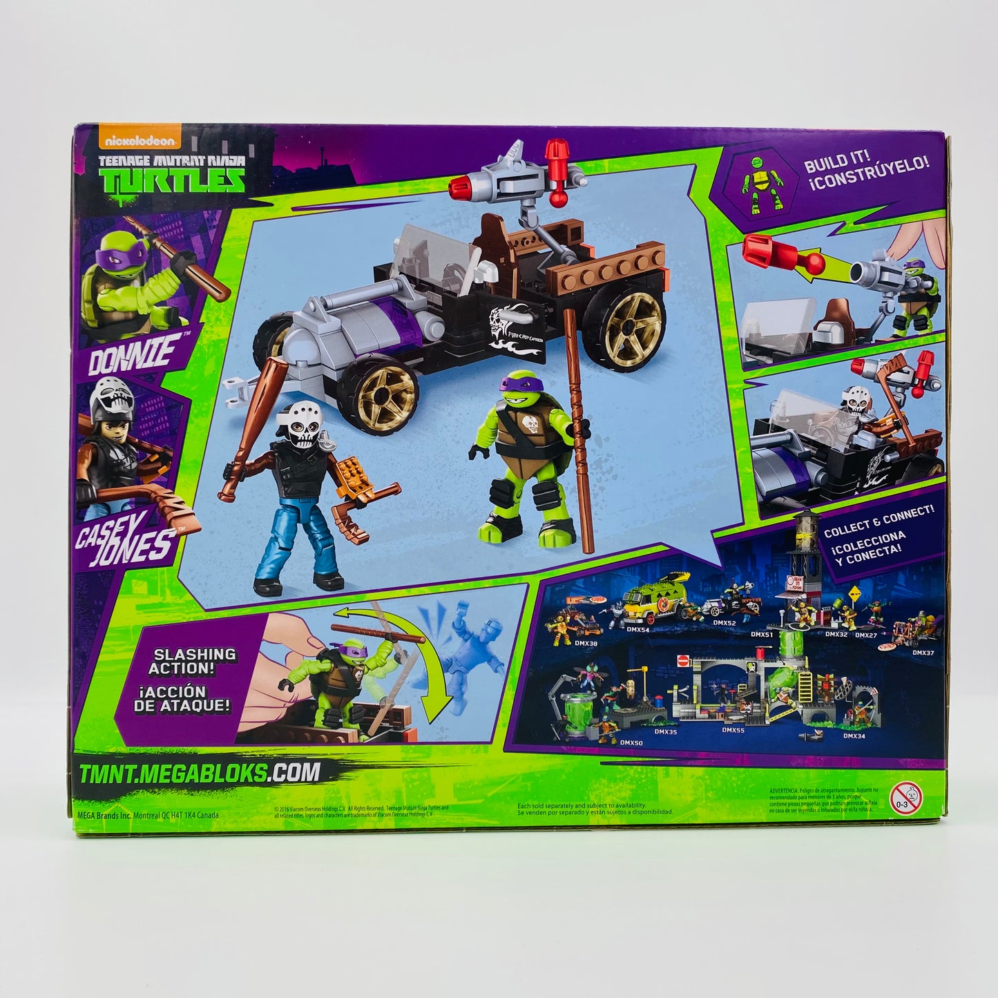 Mega Bloks Teenage Mutant Ninja Turtles Donnie Turtle Racer with Donatello & Casey Jones boxed building bricks set with 2” micro action figures (2016) DMX52 Mattel