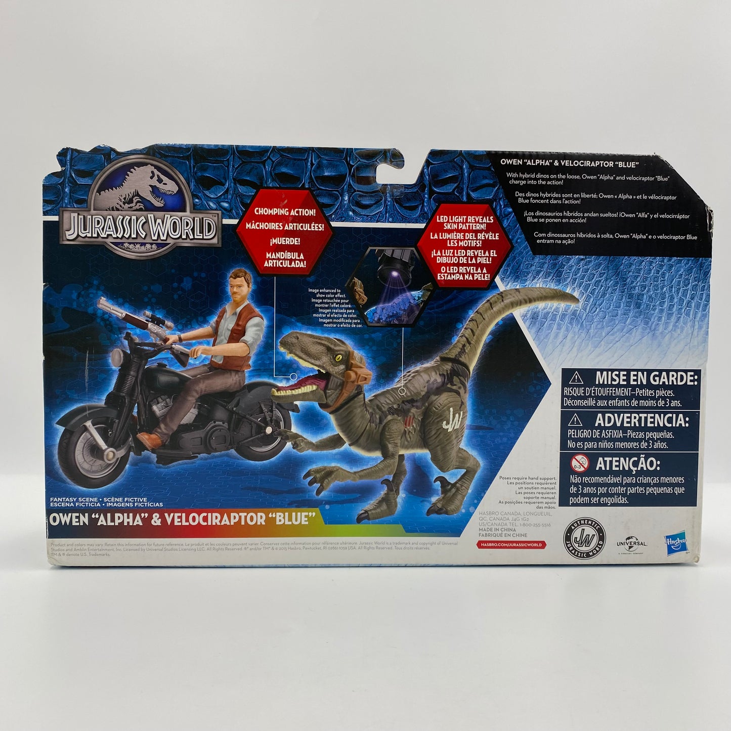 Jurassic World Owen “Alpha”, Motorcycle & Velociraptor “Blue” carded 3.75” action figures and vehicle (2015) Hasbro