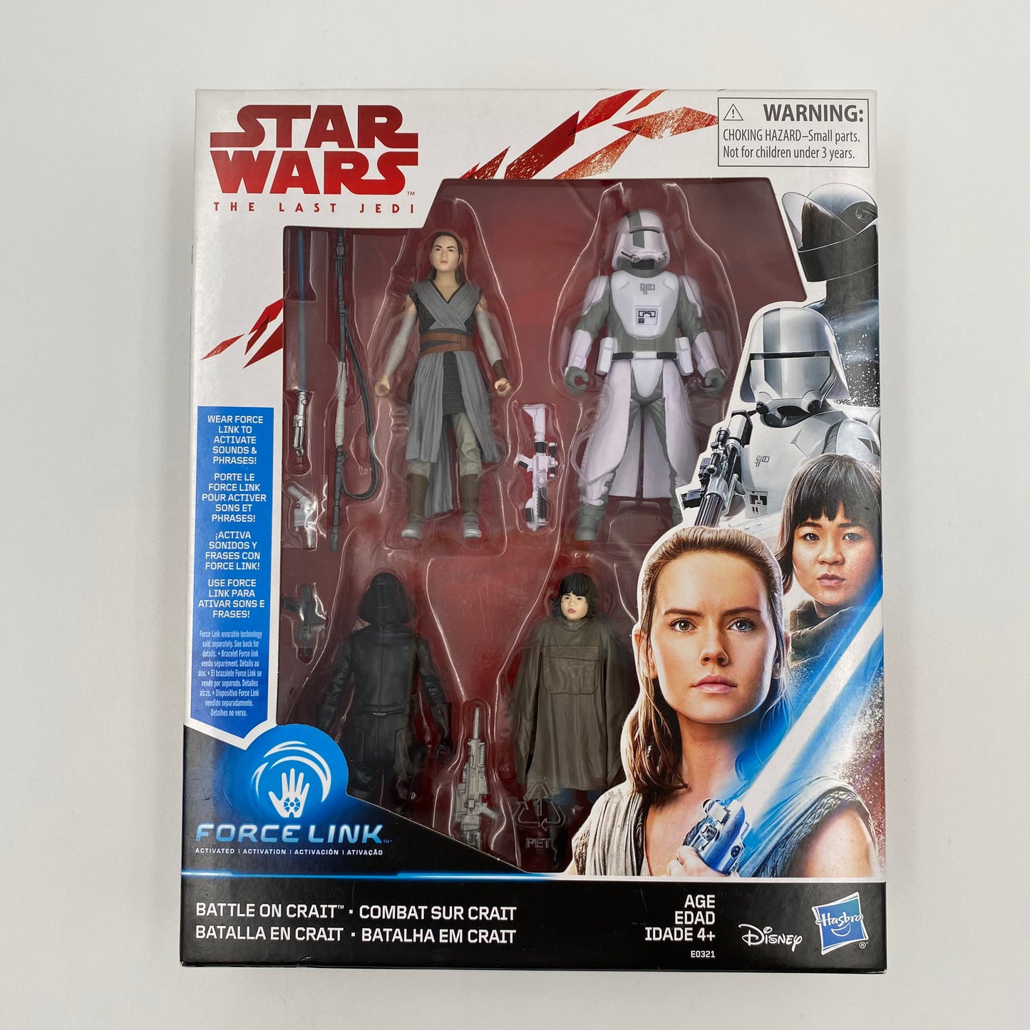 Star Wars The Last Jedi Battle on Crait Rey (Crait Defense), Rose (Crait Defense), First Order Walker Driver & First Order Gunner 3.75” boxed action figures (2018) Hasbro