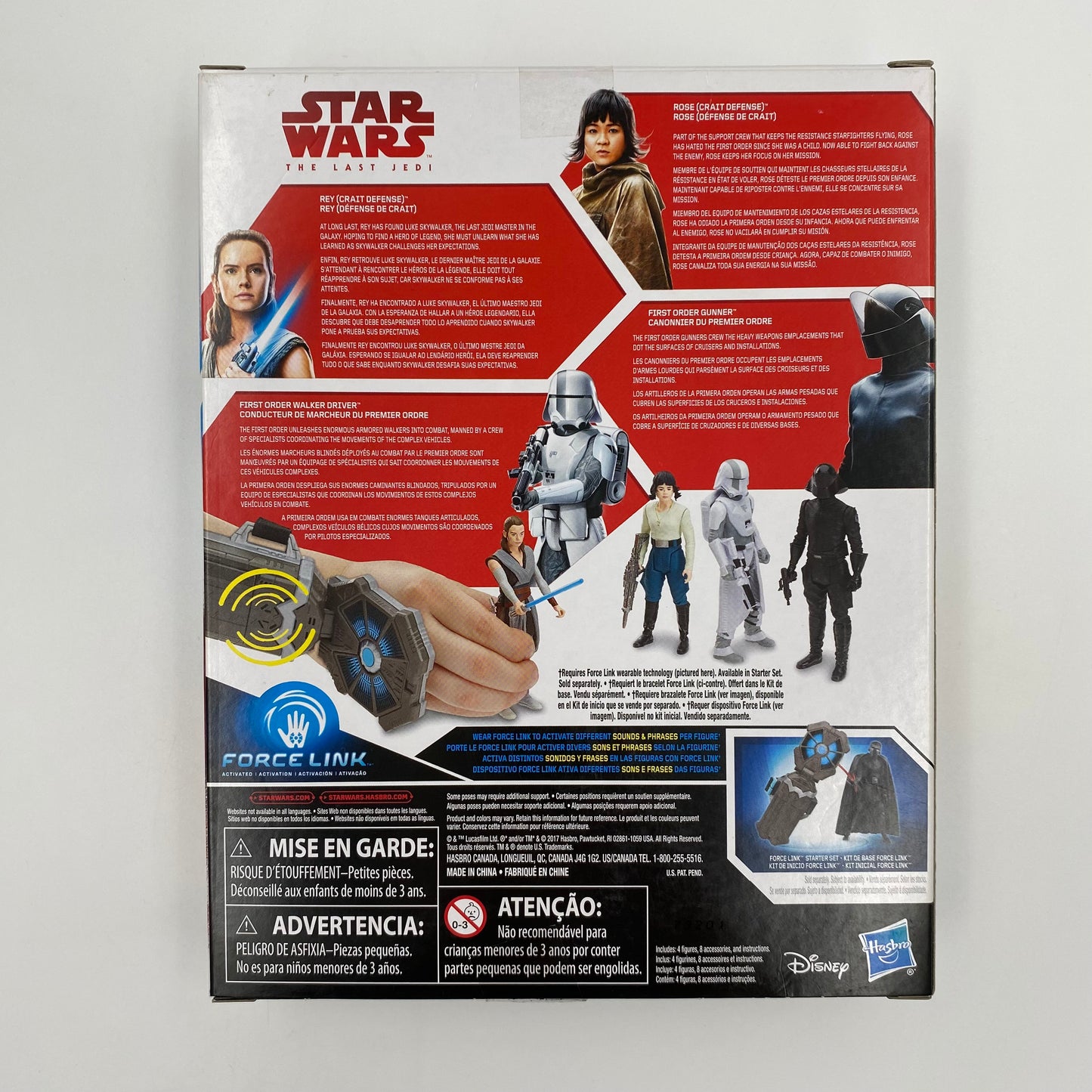 Star Wars The Last Jedi Battle on Crait Rey (Crait Defense), Rose (Crait Defense), First Order Walker Driver & First Order Gunner 3.75” boxed action figures (2018) Hasbro