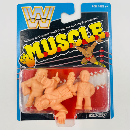 M.U.S.C.L.E. WWE Ric Flair, Iron Sheik & "Mean" Gene Okerlund carded 2” figurine 3-pack (2017) Mattel & Super7