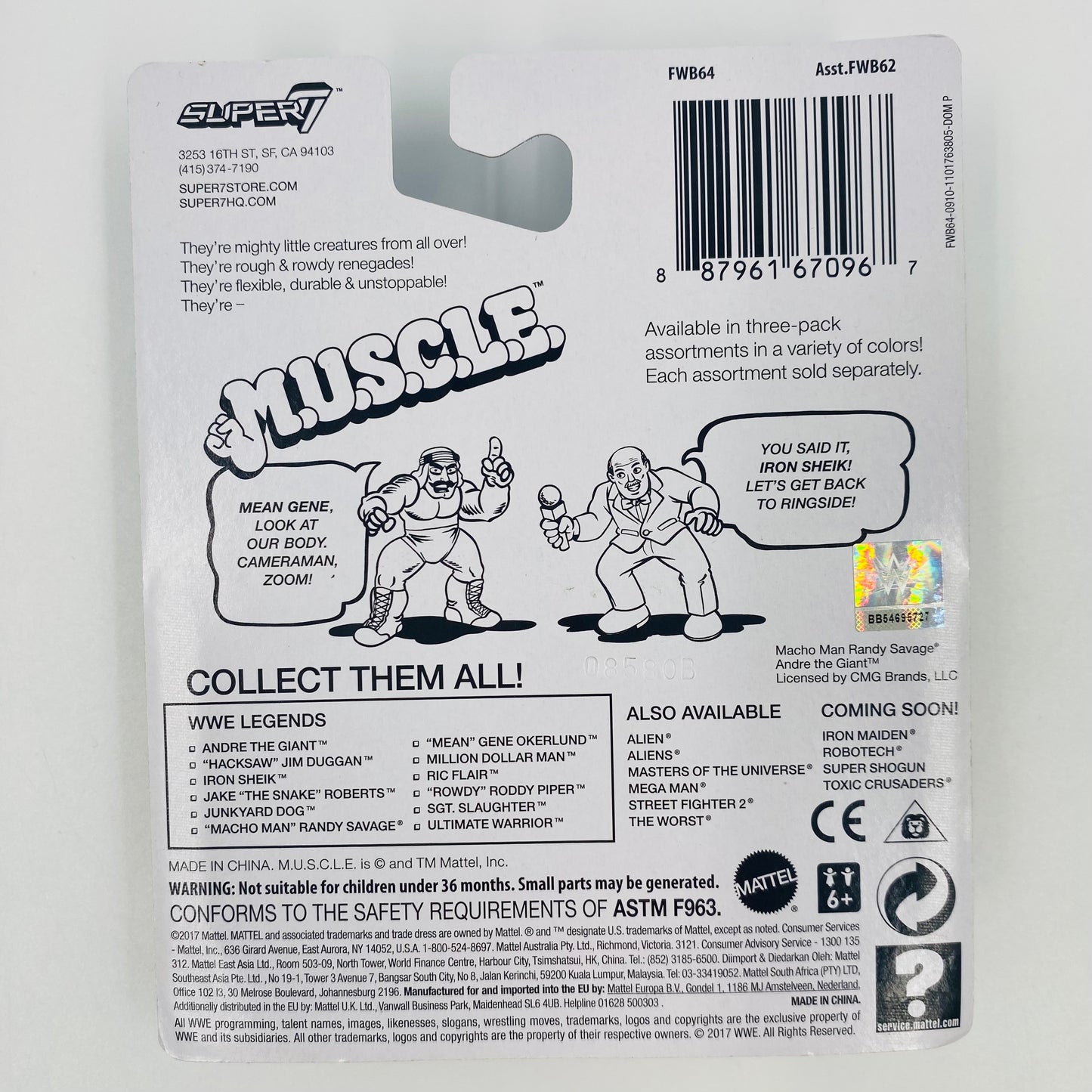 M.U.S.C.L.E. WWE Ric Flair, Iron Sheik & "Mean" Gene Okerlund carded 2” figurine 3-pack (2017) Mattel & Super7