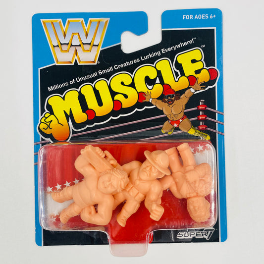 M.U.S.C.L.E. WWE Sgt. Slaughter, “Million Dollar Man” Ted DiBiase & “Hacksaw” Jim Duggan carded 2” figurine 3-pack (2017) Mattel & Super7