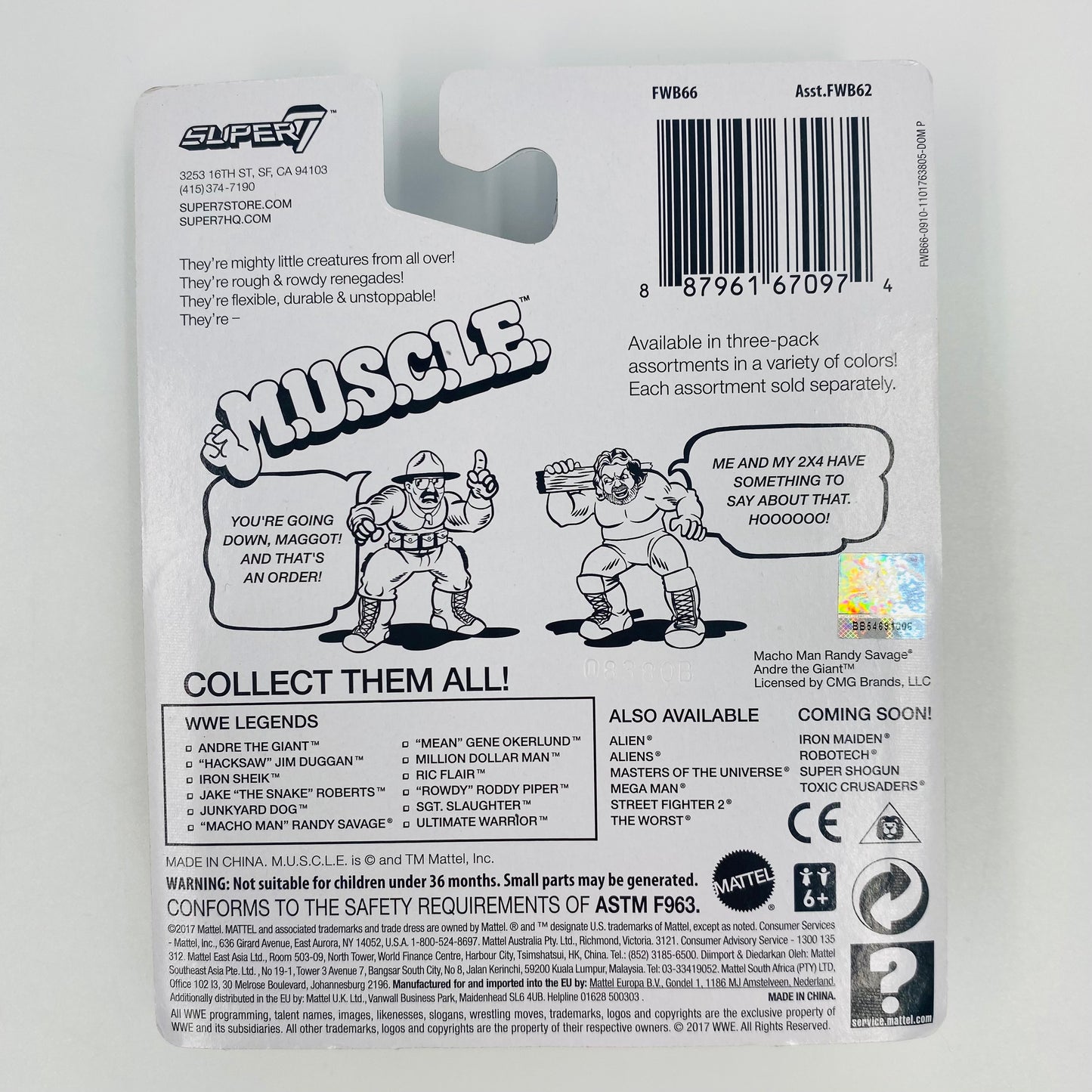 M.U.S.C.L.E. WWE Sgt. Slaughter, “Million Dollar Man” Ted DiBiase & “Hacksaw” Jim Duggan carded 2” figurine 3-pack (2017) Mattel & Super7