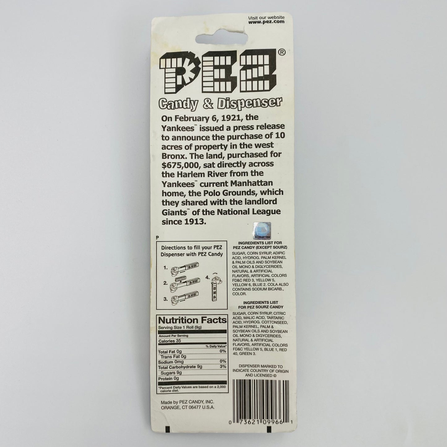 MLB Baseball New York Yankees baseball PEZ dispenser (2008) carded 5.9 China