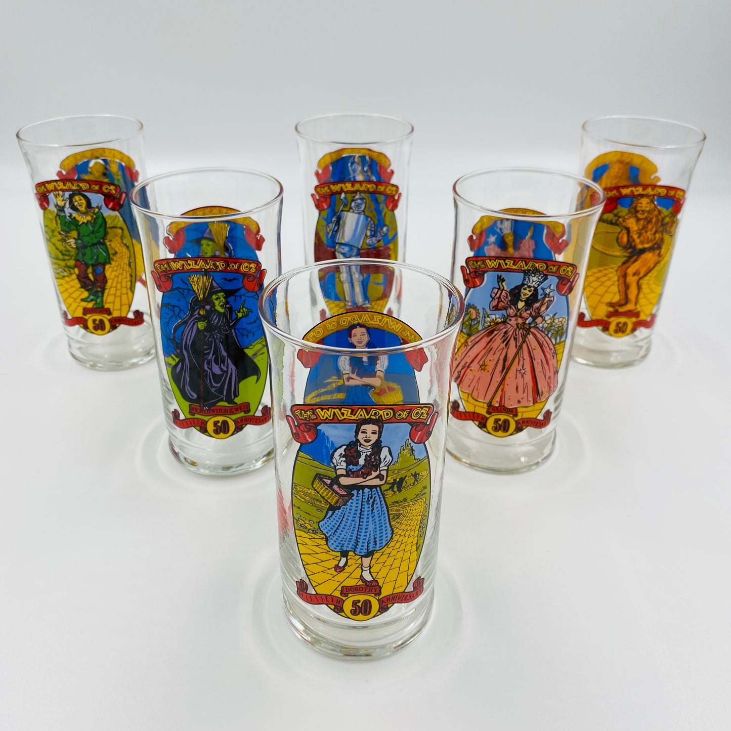 Wizard of Oz Coca-Cola drinking glasses set of 6 includes Dorothy, Scarecrow, Tin Man, Cowardly Lion, Glinda & The Wicked Witch (1989)