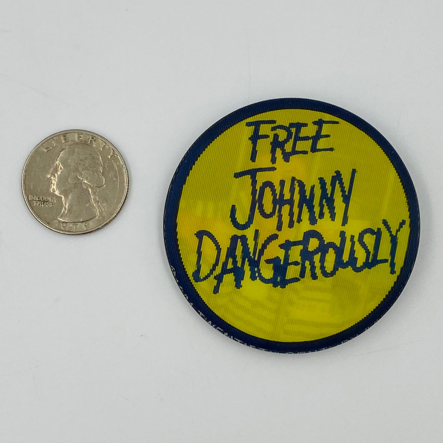 Johnny Dangerously: Free Johnny Dangerously lenticular promo pinback button (1984)